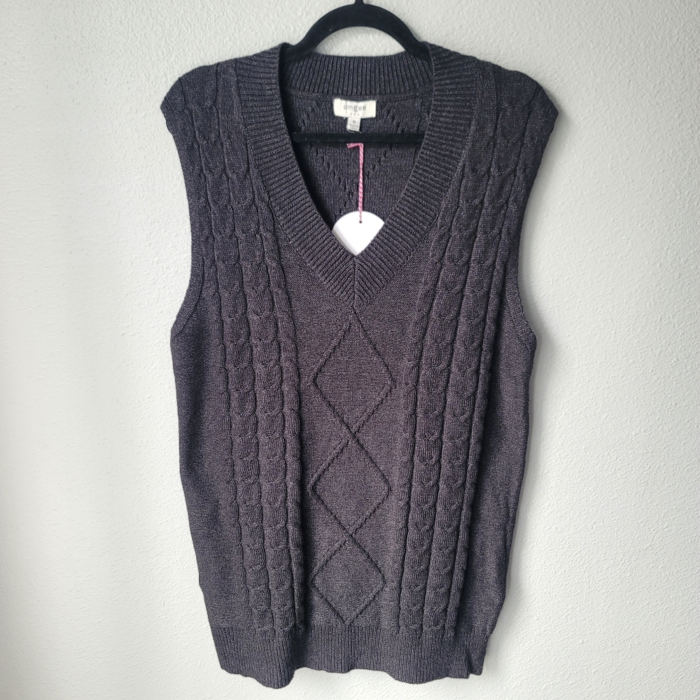 Umgee Cable V Neck Soft Sweater Vest Tunic Medium Color Dark Heather Grey NWT